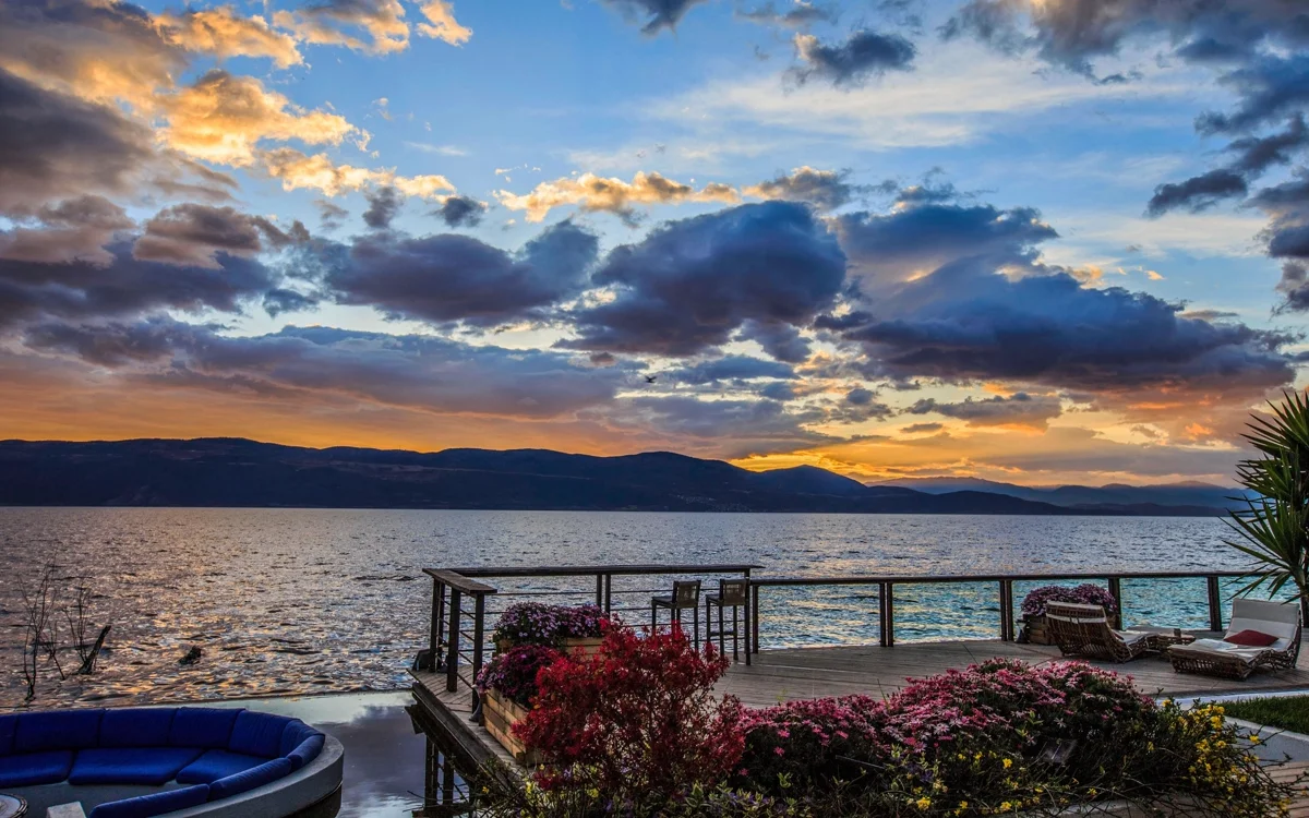 Erhai Lake sunrise with golden morning light