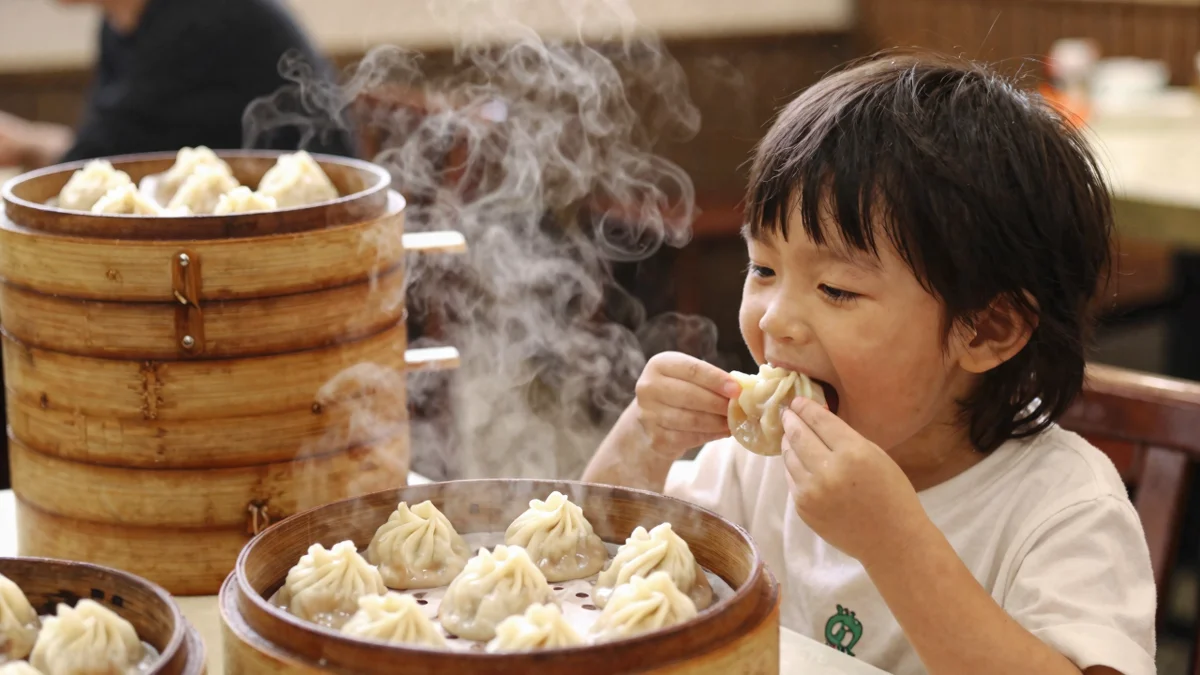 A young child eating soup dumplings at a Chinese restaurant