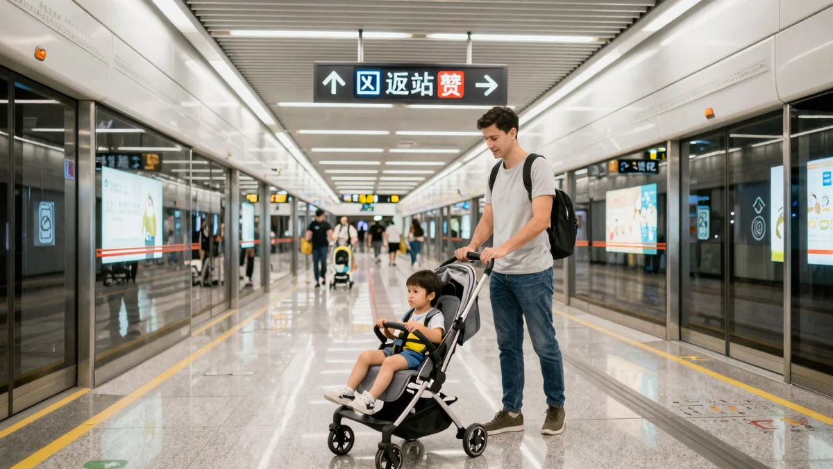 Parent pushing a stroller through a Chinese metro station