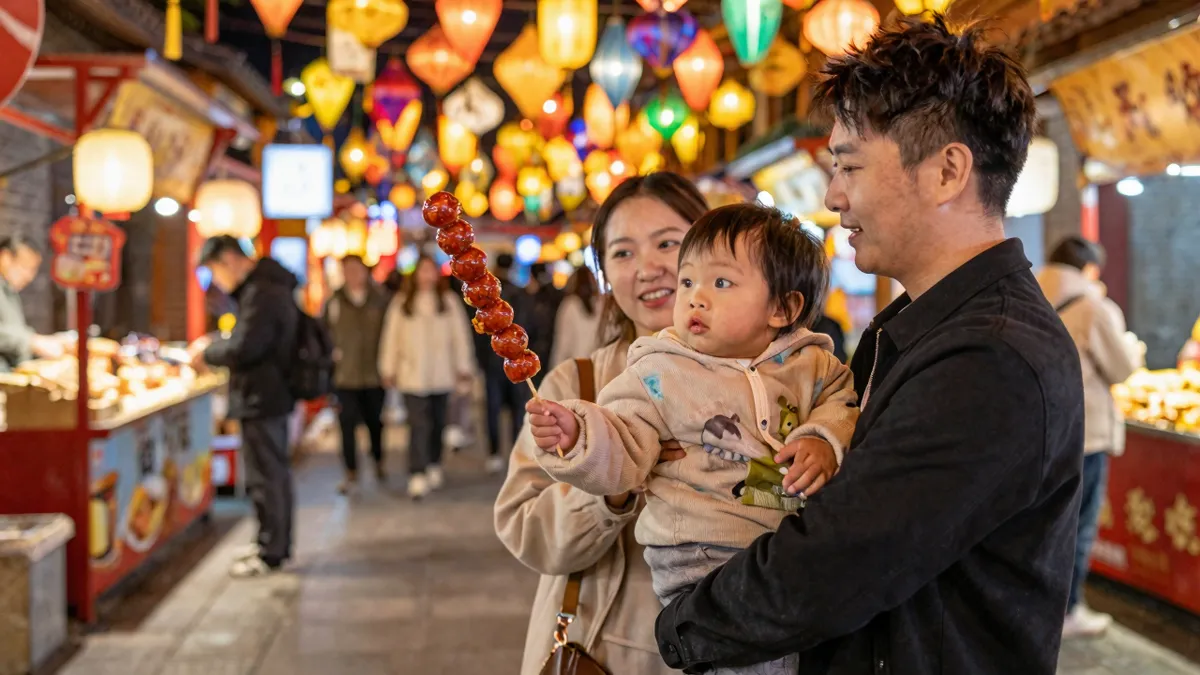 Young child exploring a Chinese night market with family