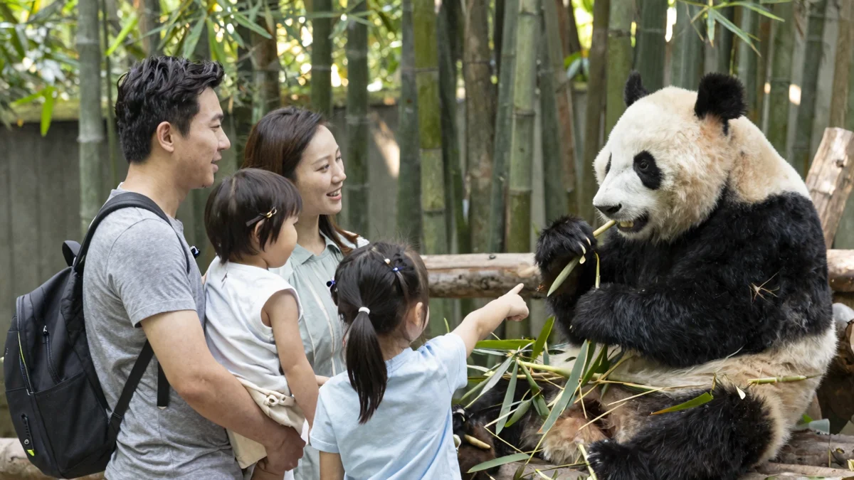 Foreign family watching pandas at Chengdu Panda Base
