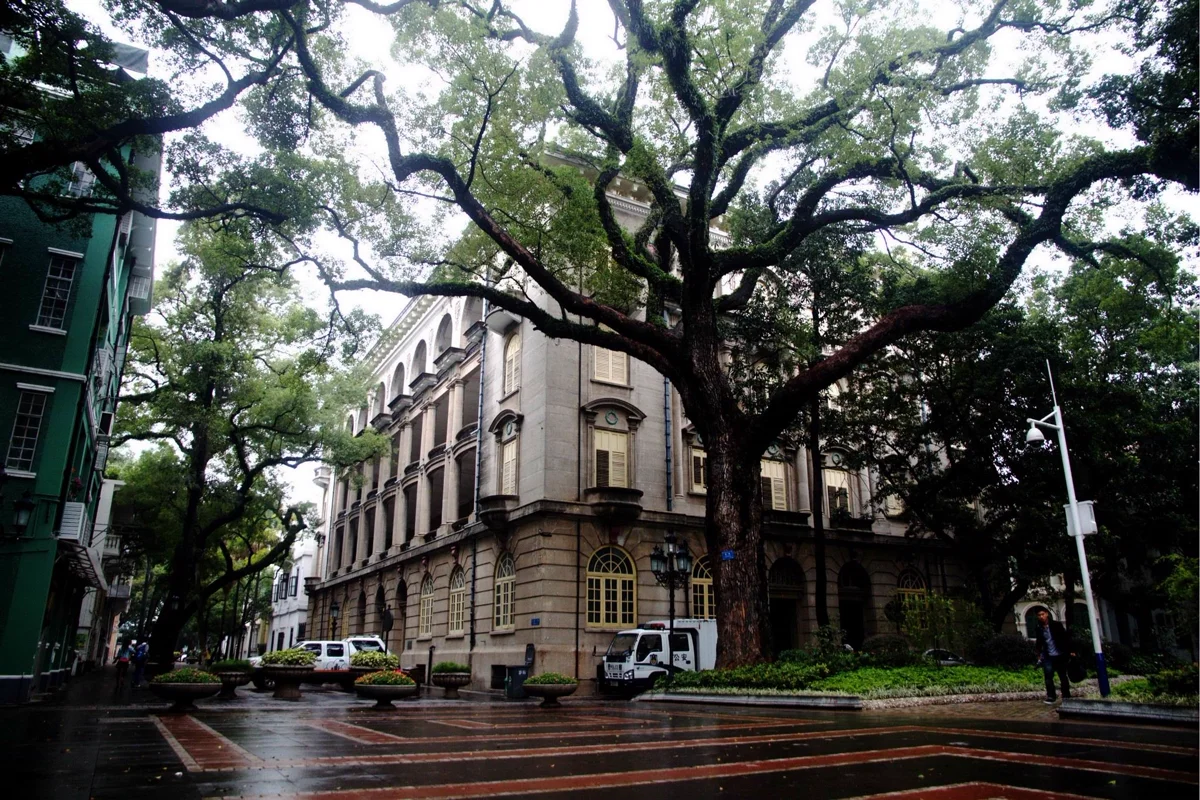 Shamian Island colonial architecture with tree-lined streets