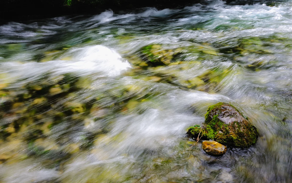 Pebble Beach stream flowing over calcified rocks, crystal-clear water revealing colorful stones below