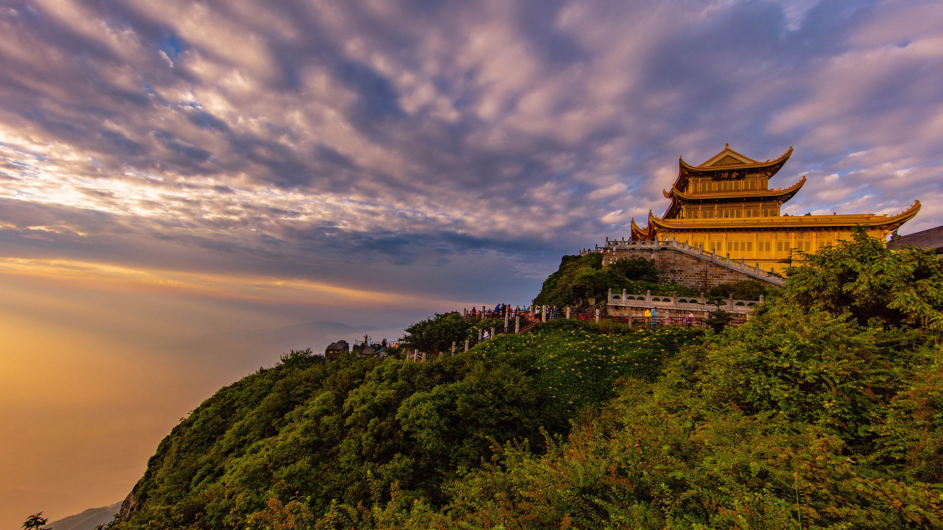 Forest path and waterfall on Mount Emei