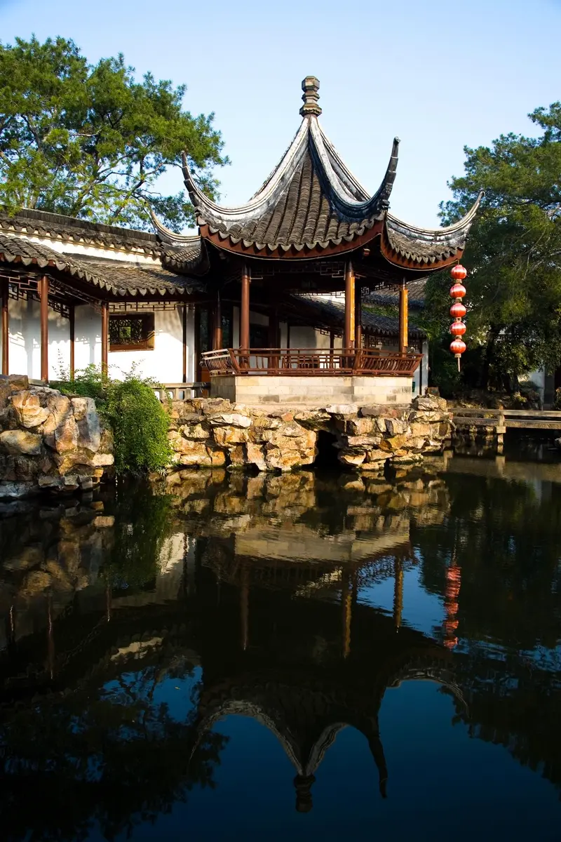 Teahouse courtyard with bonsai collection