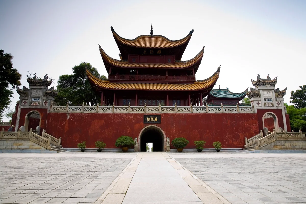 Yueyang Tower with river and historic architecture